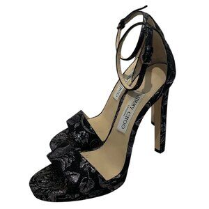 Jimmy Choo Women's Black Silver Floral Ankle Strap Stiletto Heels, 38